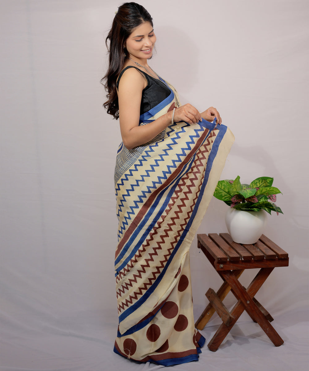 Cream brown modal silk hand block printed saree