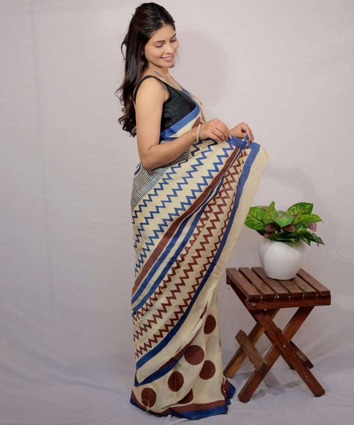 Cream brown modal silk hand block printed saree