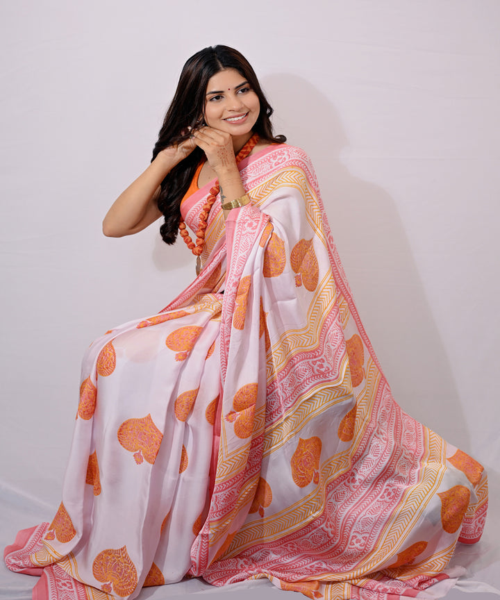 Pink white modal silk hand block printed saree