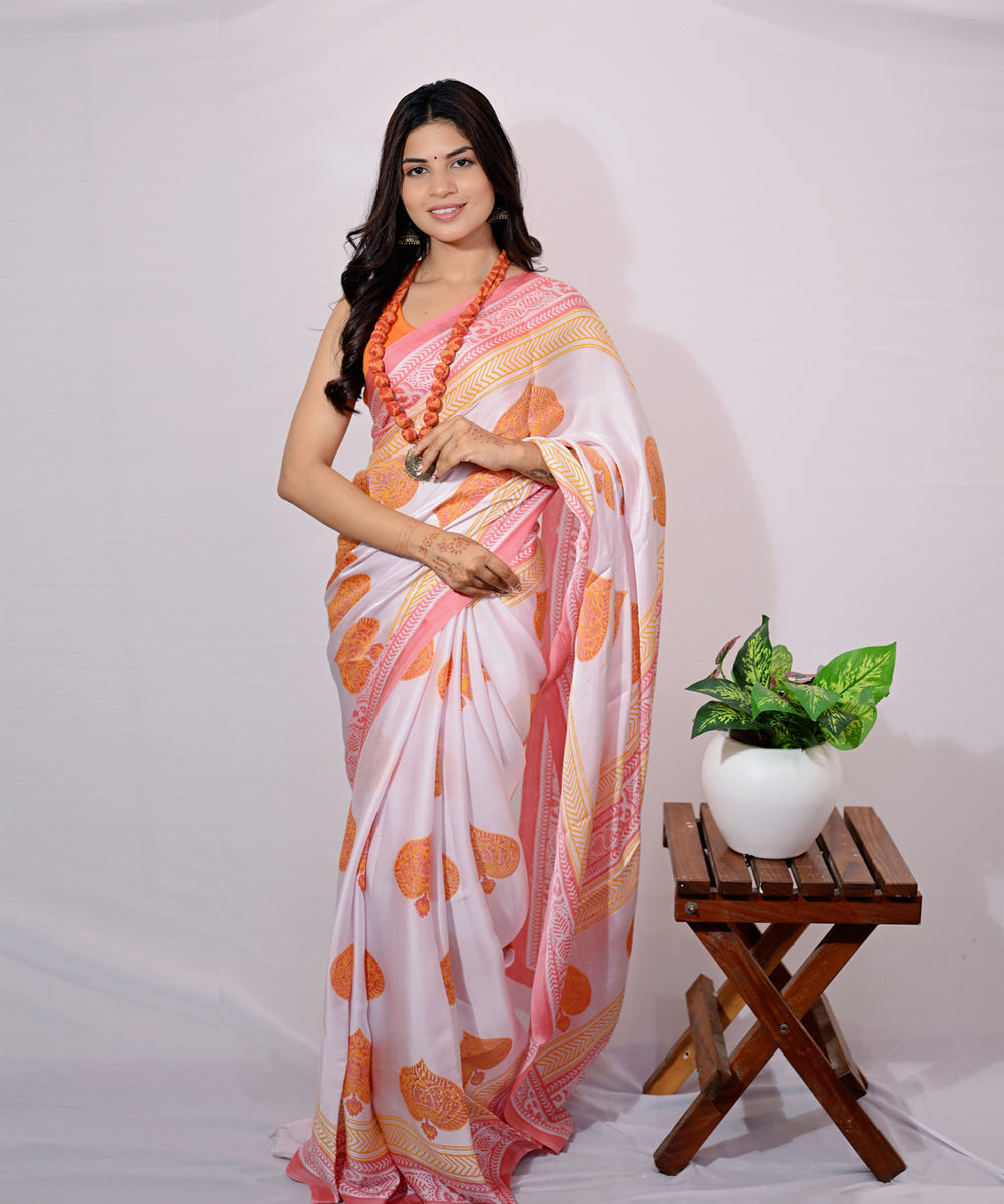 Pink white modal silk hand block printed saree