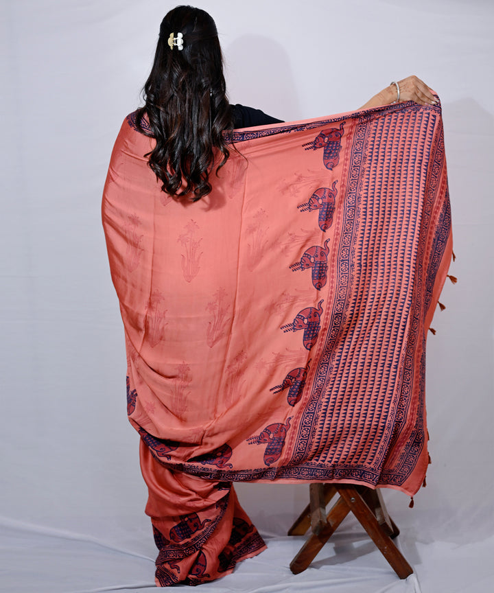 Red navy blue modal silk hand block printed saree