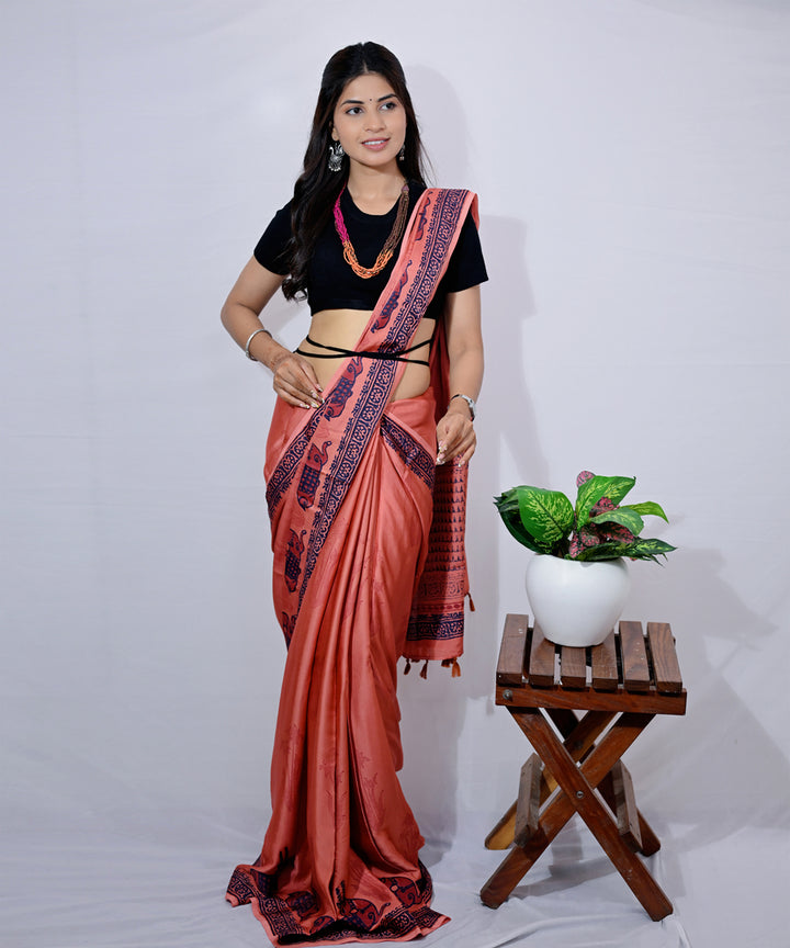 Red navy blue modal silk hand block printed saree