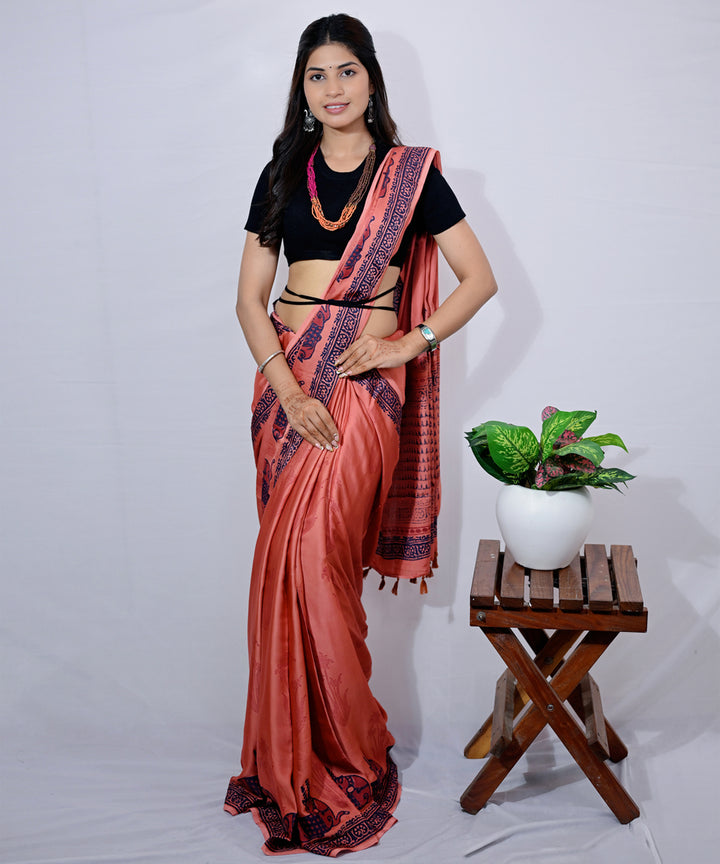 Red navy blue modal silk hand block printed saree