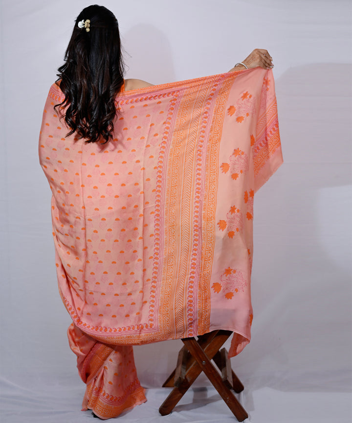 Peach orange modal silk hand block printed saree