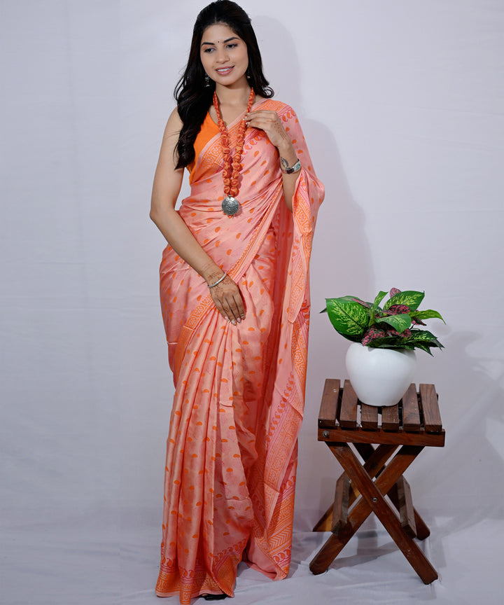 Peach orange modal silk hand block printed saree