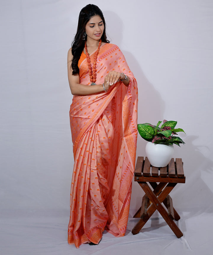 Peach orange modal silk hand block printed saree
