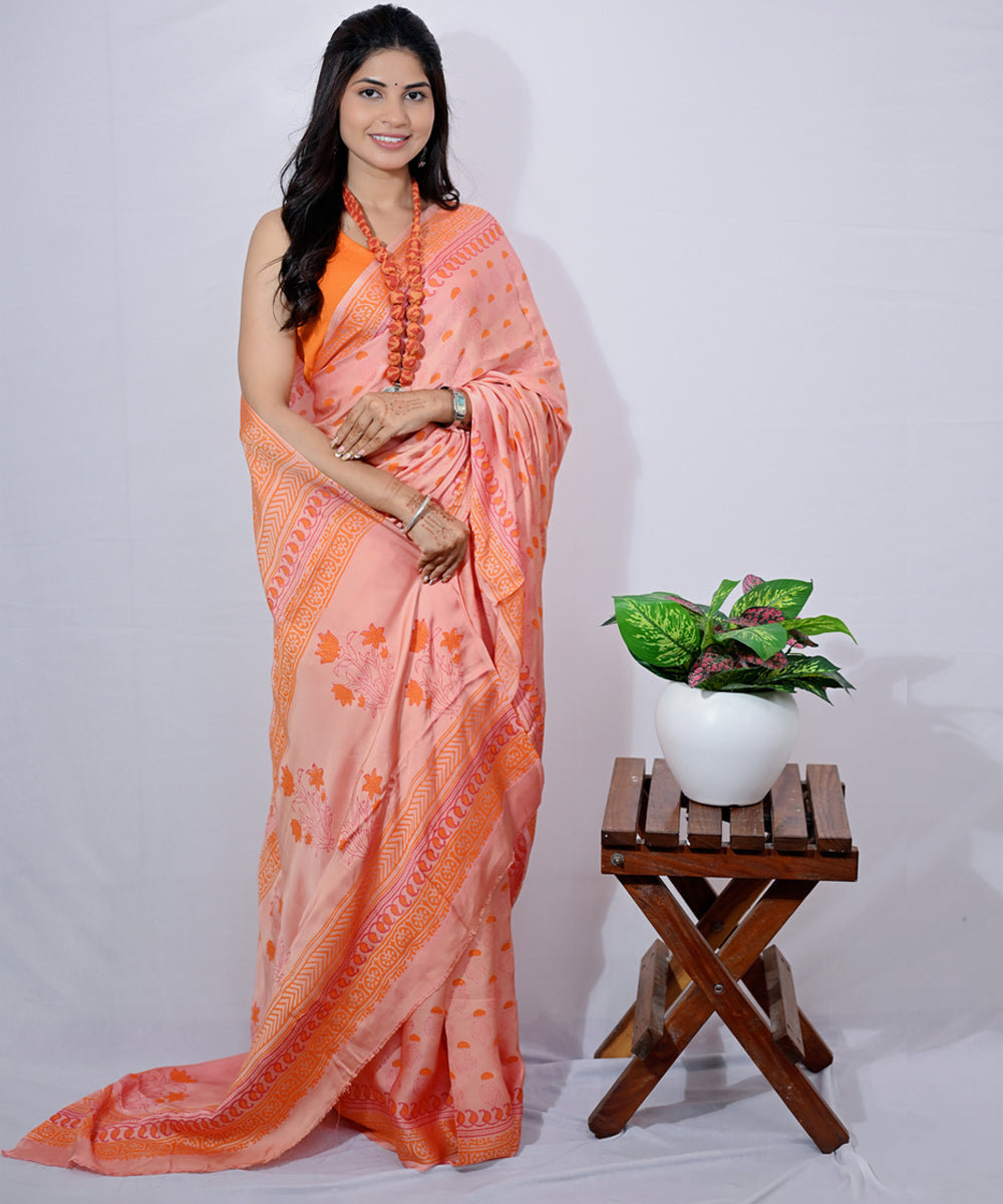 Peach orange modal silk hand block printed saree