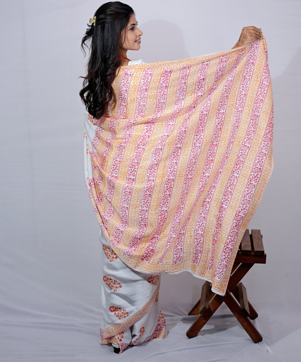 White pink hand block printed modal silk saree