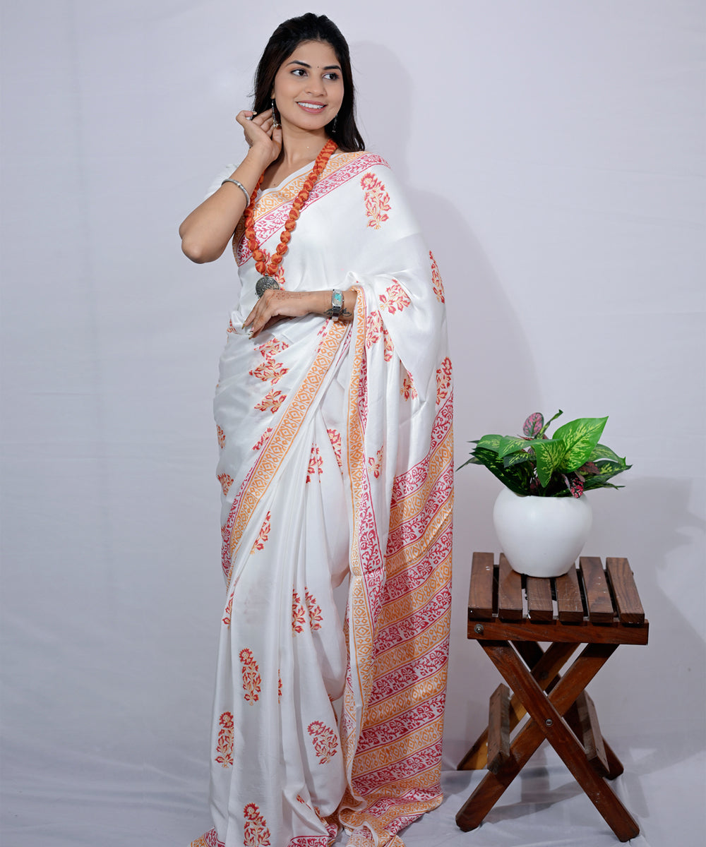 White pink hand block printed modal silk saree