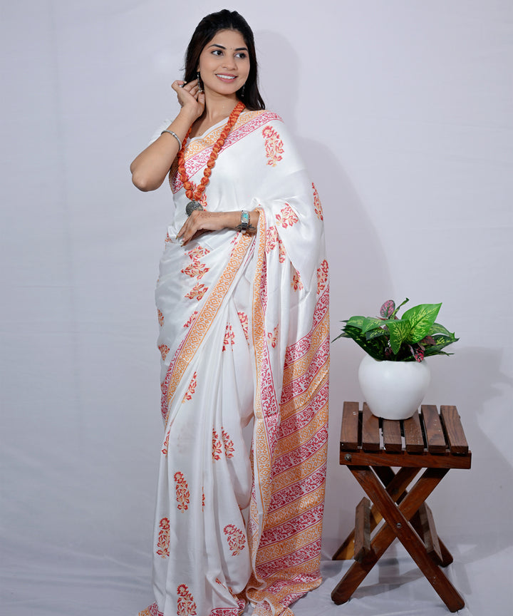 White pink hand block printed modal silk saree