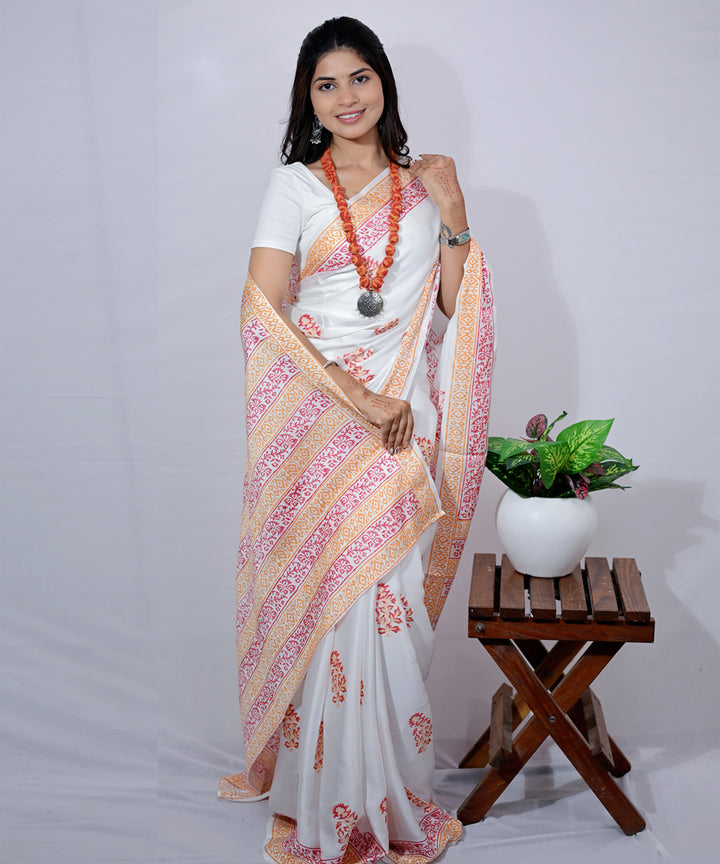 White pink hand block printed modal silk saree