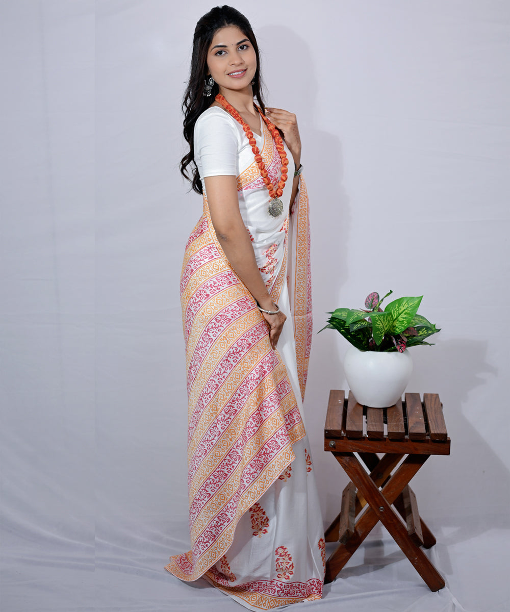White pink hand block printed modal silk saree