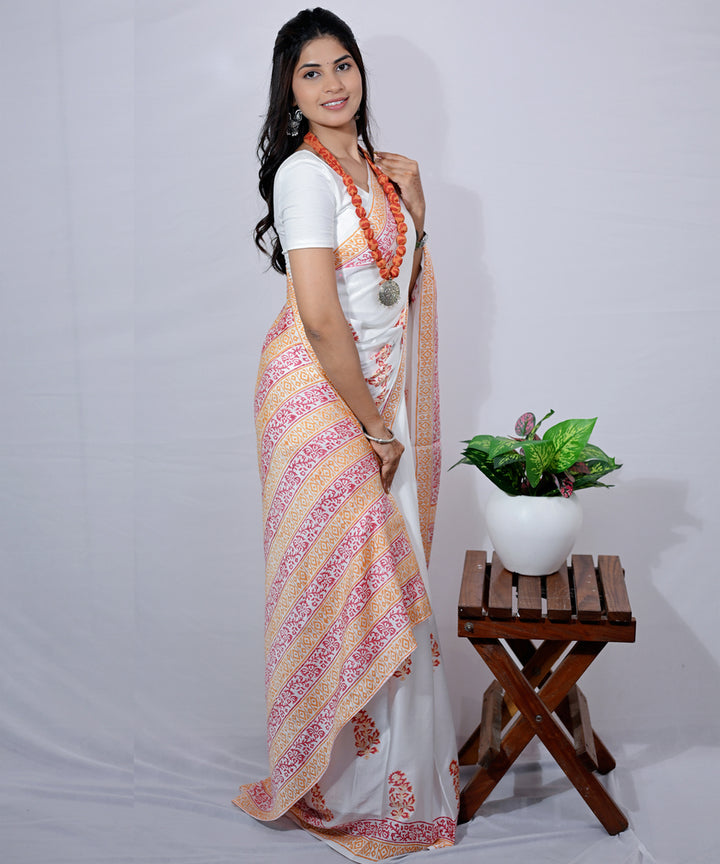 White pink hand block printed modal silk saree