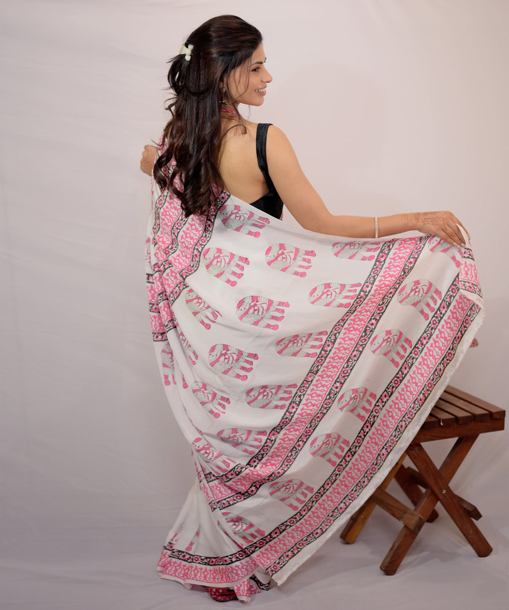 Offwhite pink hand block printed modal silk saree