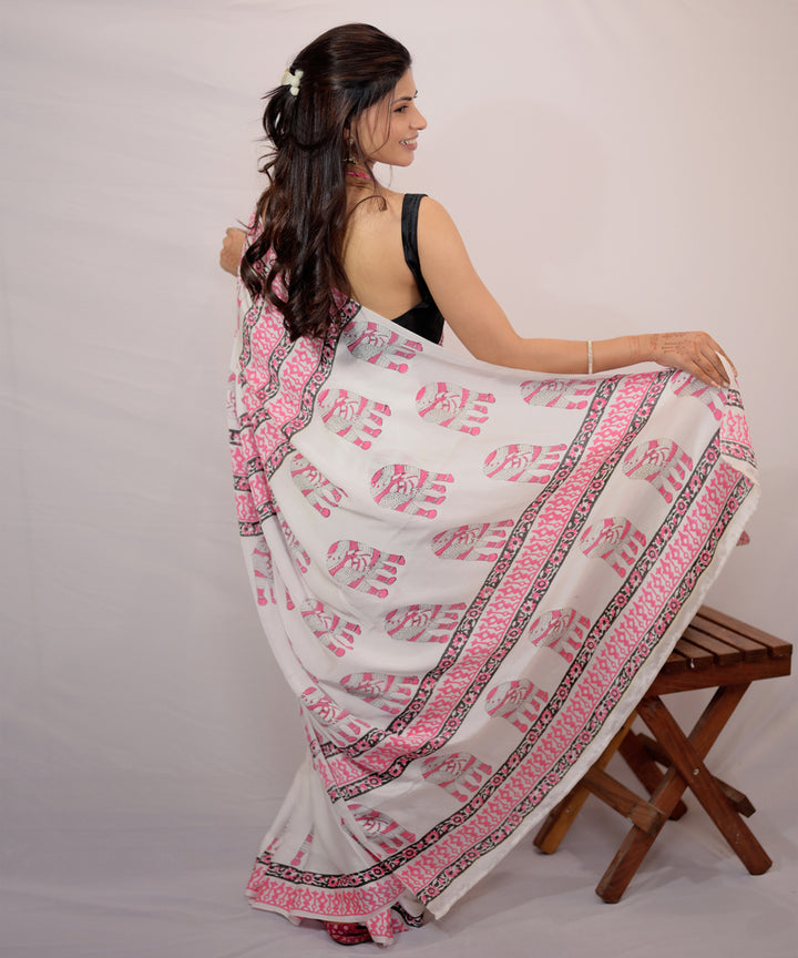 Offwhite pink hand block printed modal silk saree
