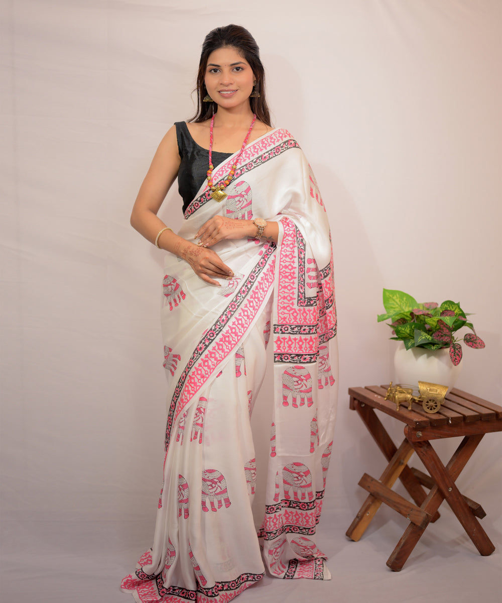Offwhite pink hand block printed modal silk saree