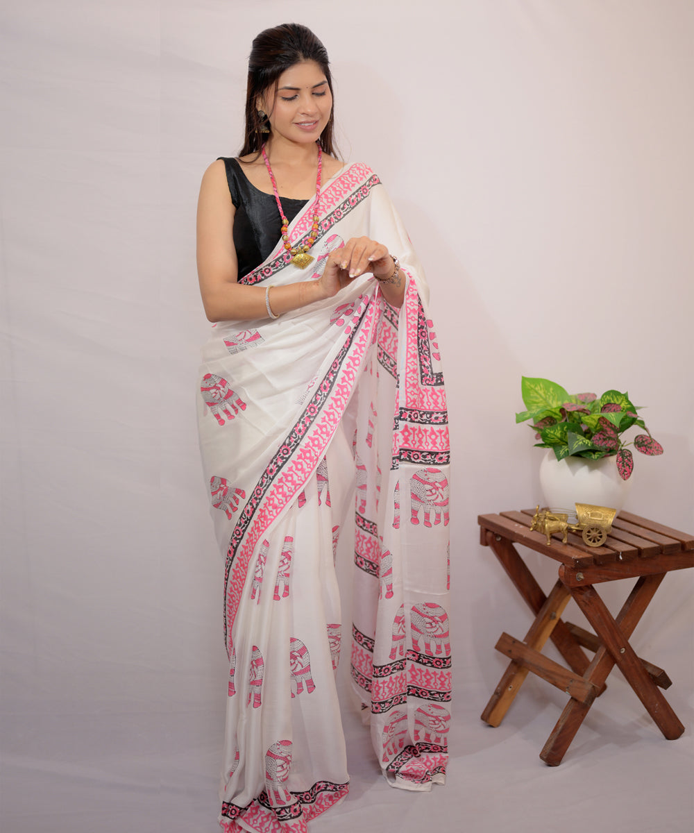Offwhite pink hand block printed modal silk saree