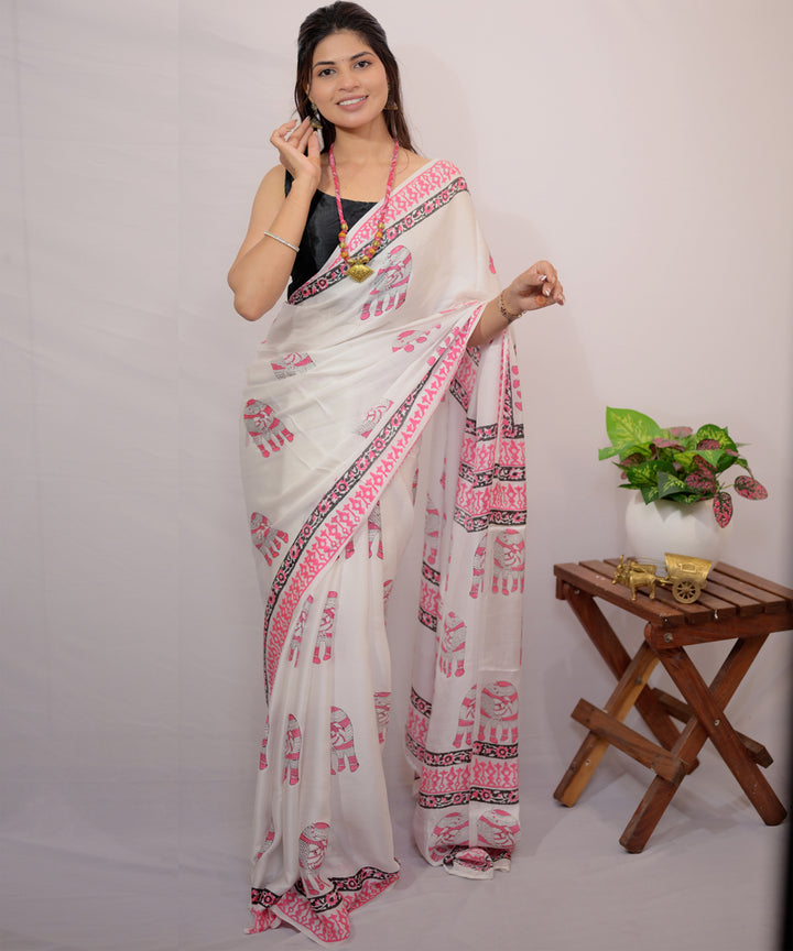 Offwhite pink hand block printed modal silk saree