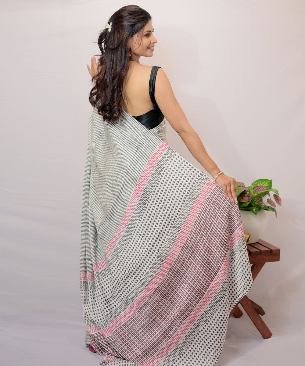 Grey white modal silk hand block printed saree