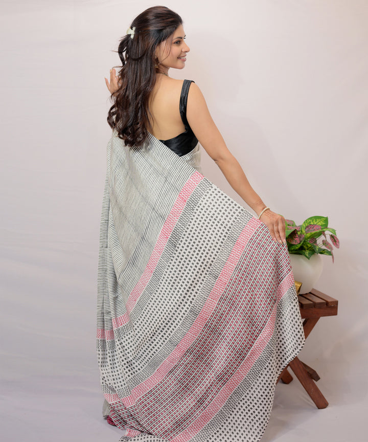 Grey white modal silk hand block printed saree