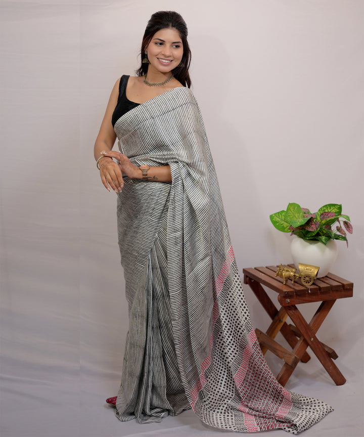 Grey white modal silk hand block printed saree