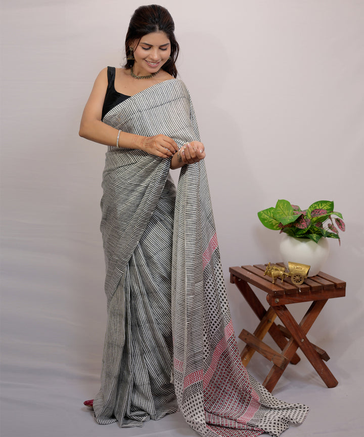 Grey white modal silk hand block printed saree