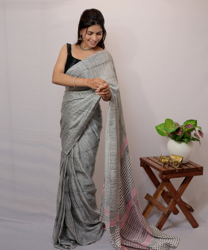 Grey white modal silk hand block printed saree