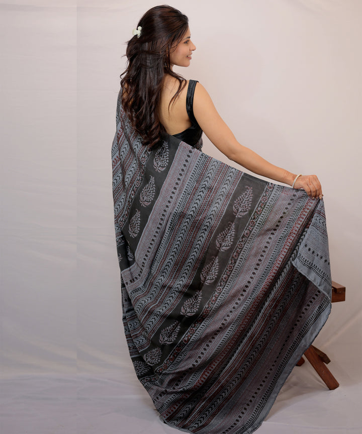 Grey black modal silk hand-block printed saree