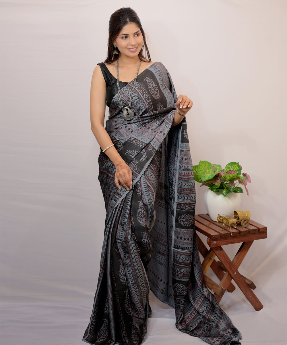 Grey black modal silk hand-block printed saree