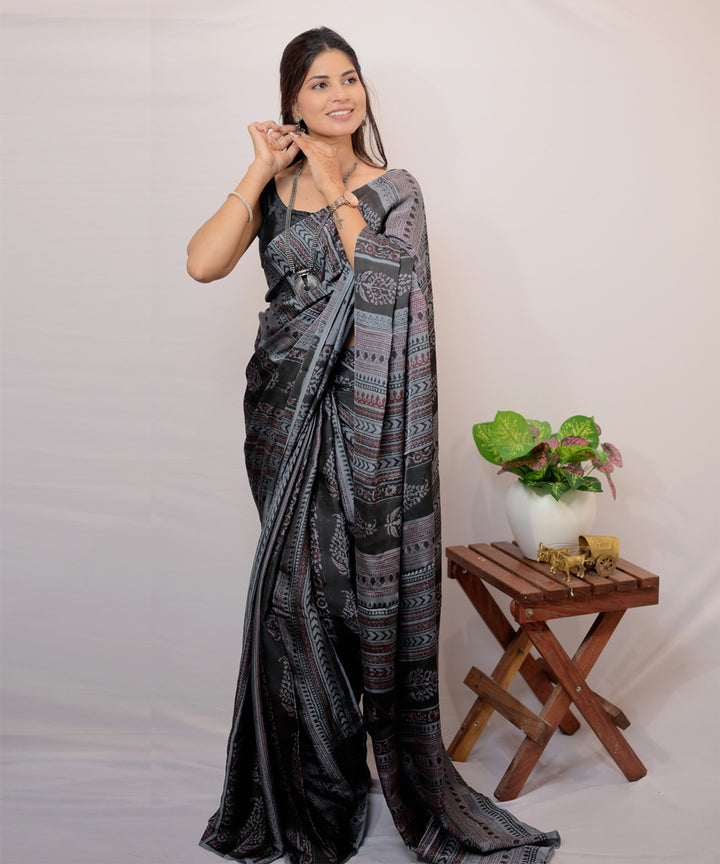 Grey black modal silk hand-block printed saree