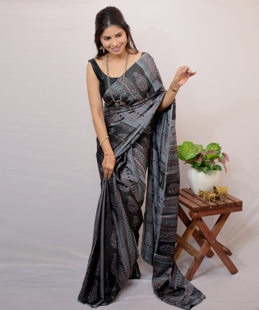 Grey black modal silk hand-block printed saree