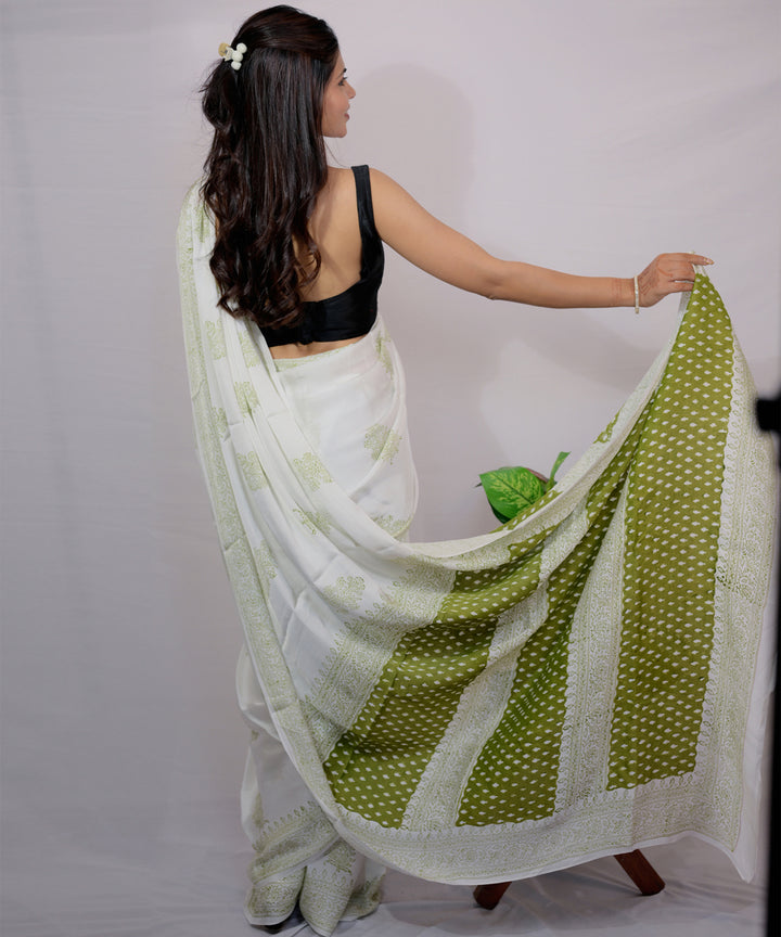 White green modal silk hand block printed saree