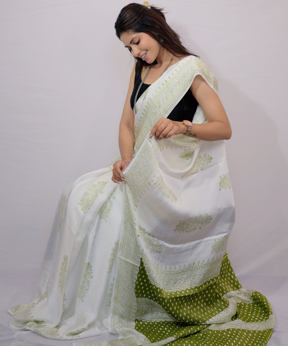 White green modal silk hand block printed saree