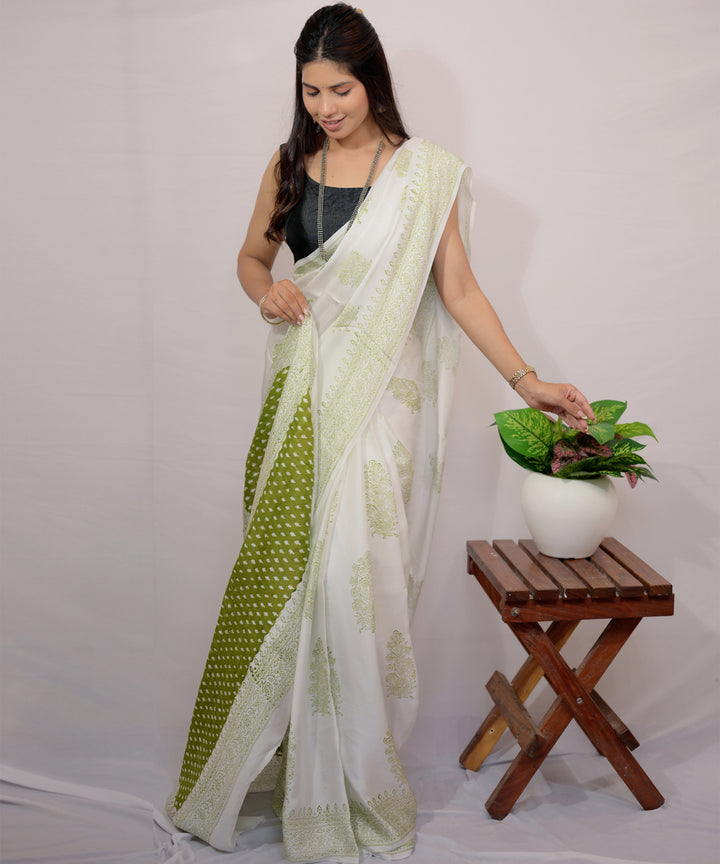 White green modal silk hand block printed saree