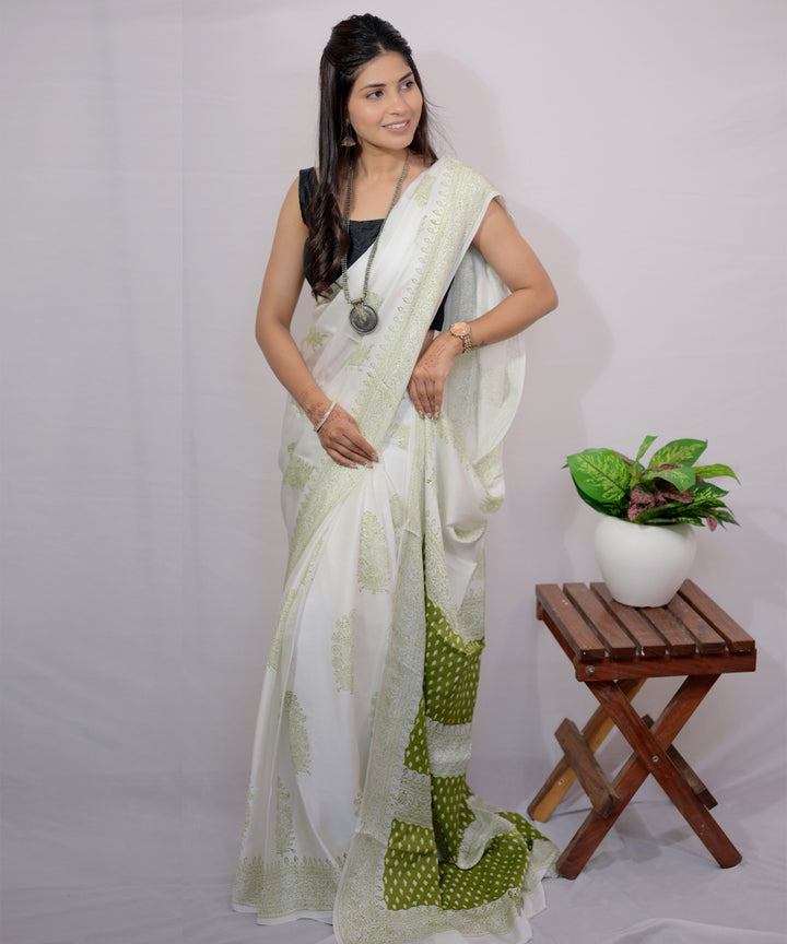 White green modal silk hand block printed saree