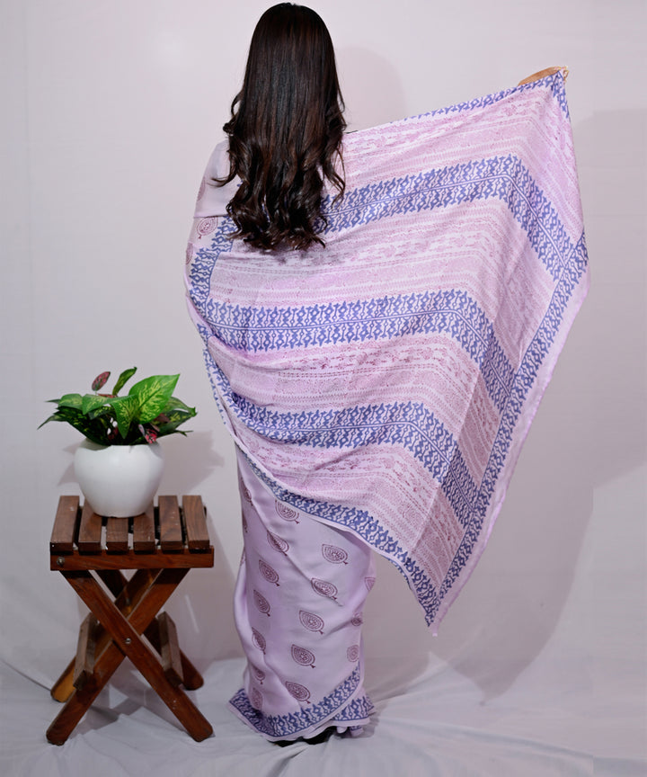 White lavender modal silk hand block printed saree
