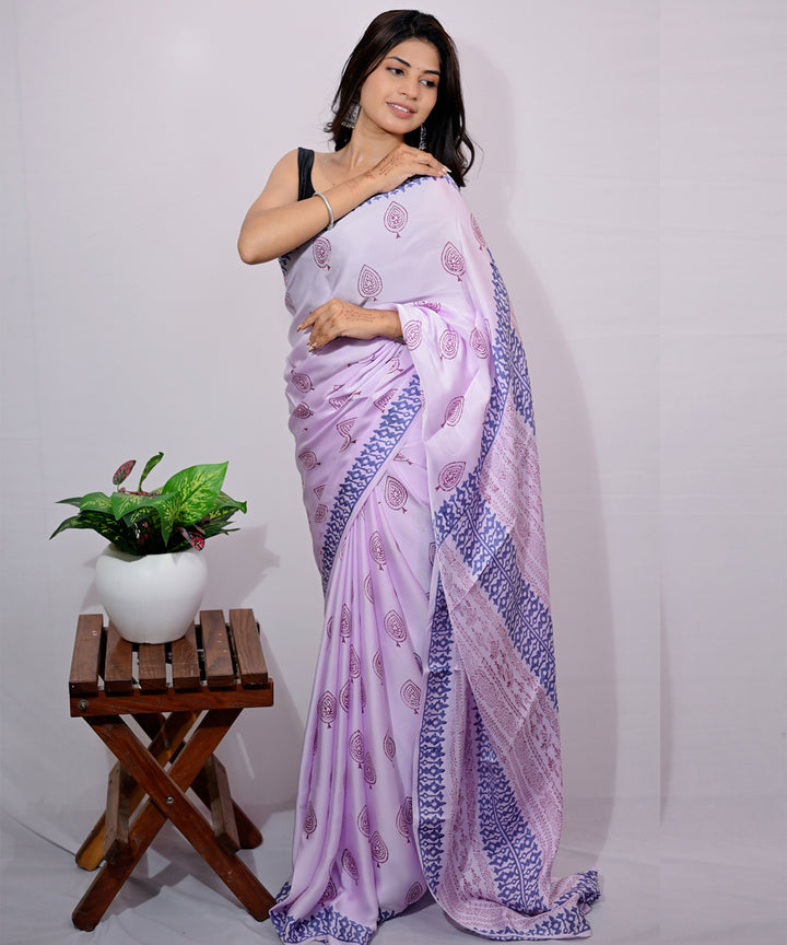 White lavender modal silk hand block printed saree