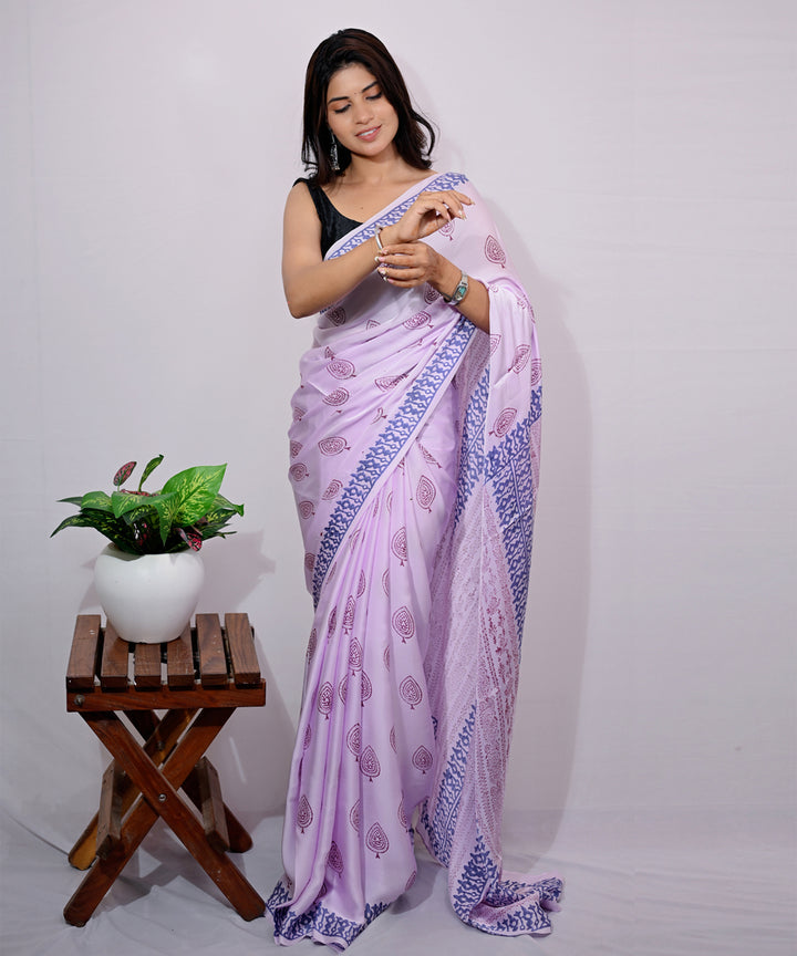 White lavender modal silk hand block printed saree