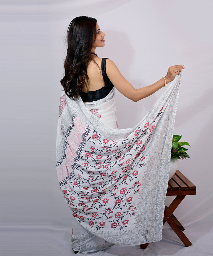 White red hand block printed modal silk saree
