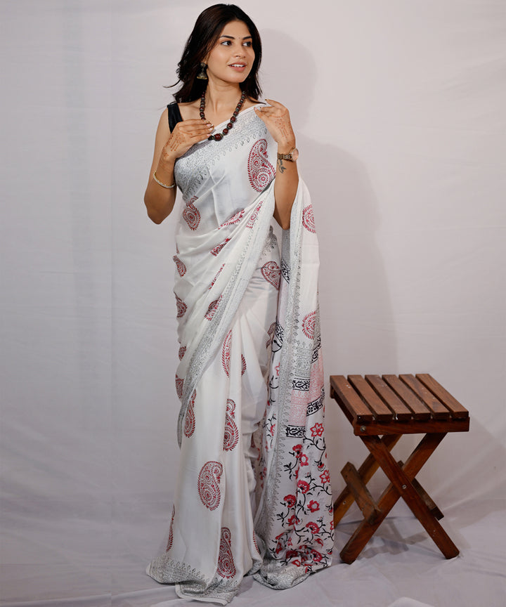 White red hand block printed modal silk saree