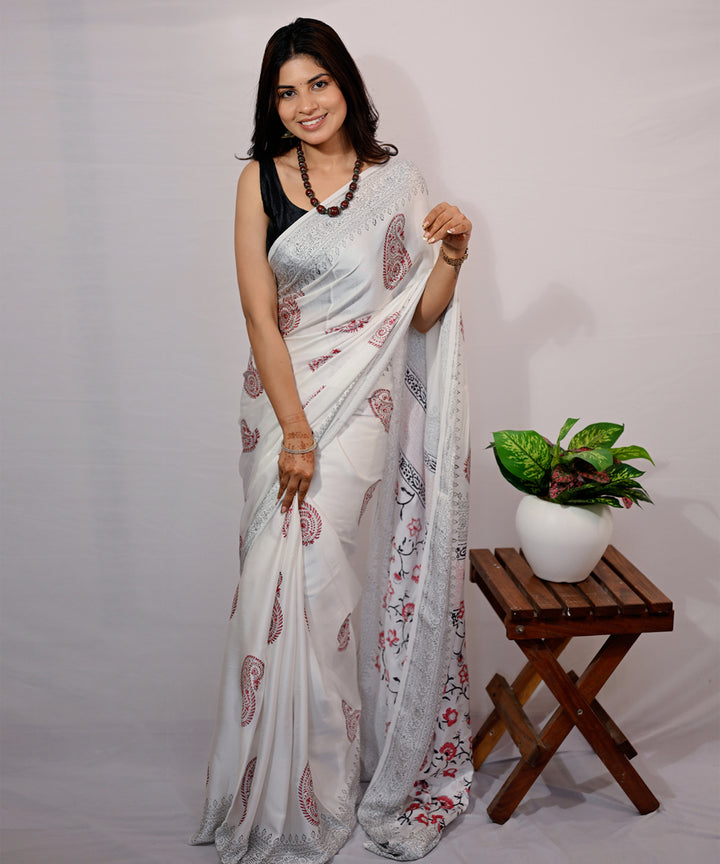 White red hand block printed modal silk saree