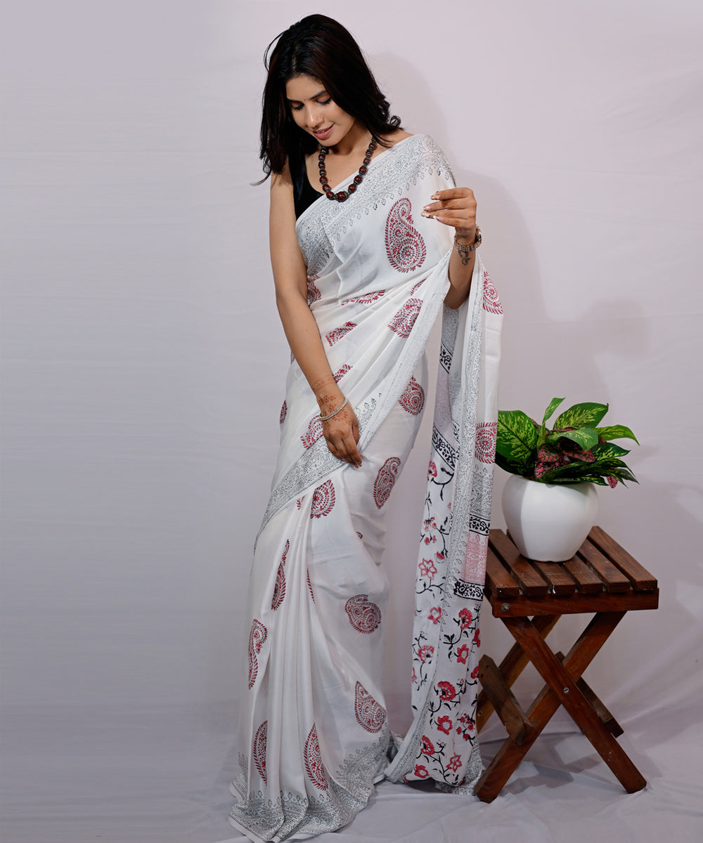 White red hand block printed modal silk saree