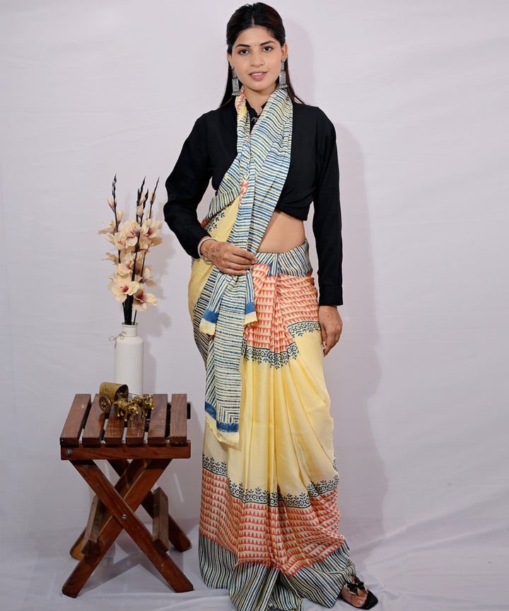 Maroon golden yellow modal silk hand block printed saree