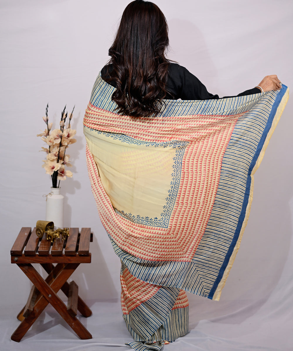 Maroon golden yellow modal silk hand block printed saree