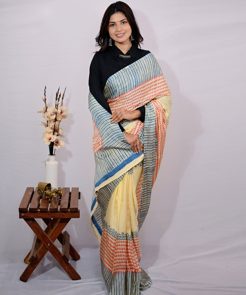 Maroon golden yellow modal silk hand block printed saree