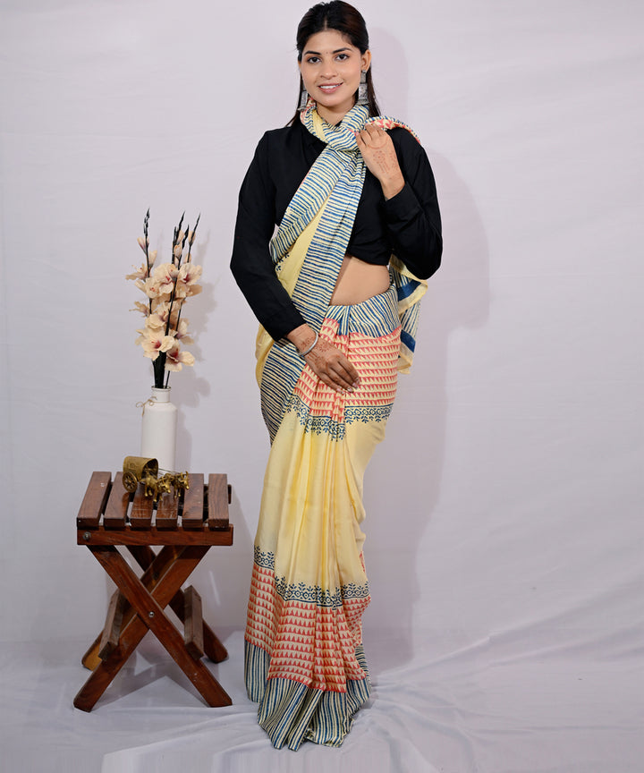 Maroon golden yellow modal silk hand block printed saree