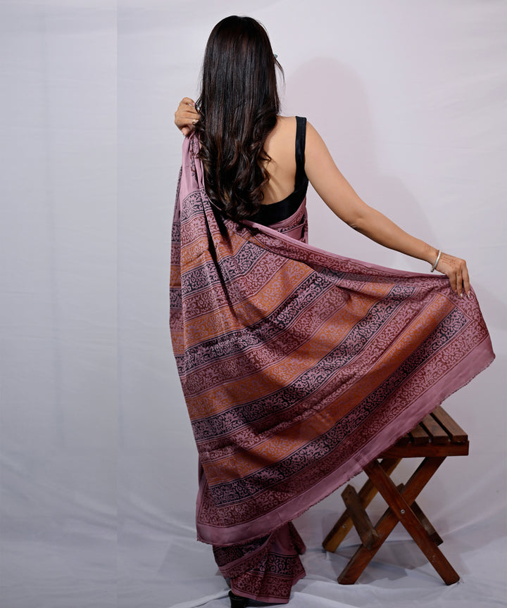 Maroon burgandi wine modal silk hand block printed saree