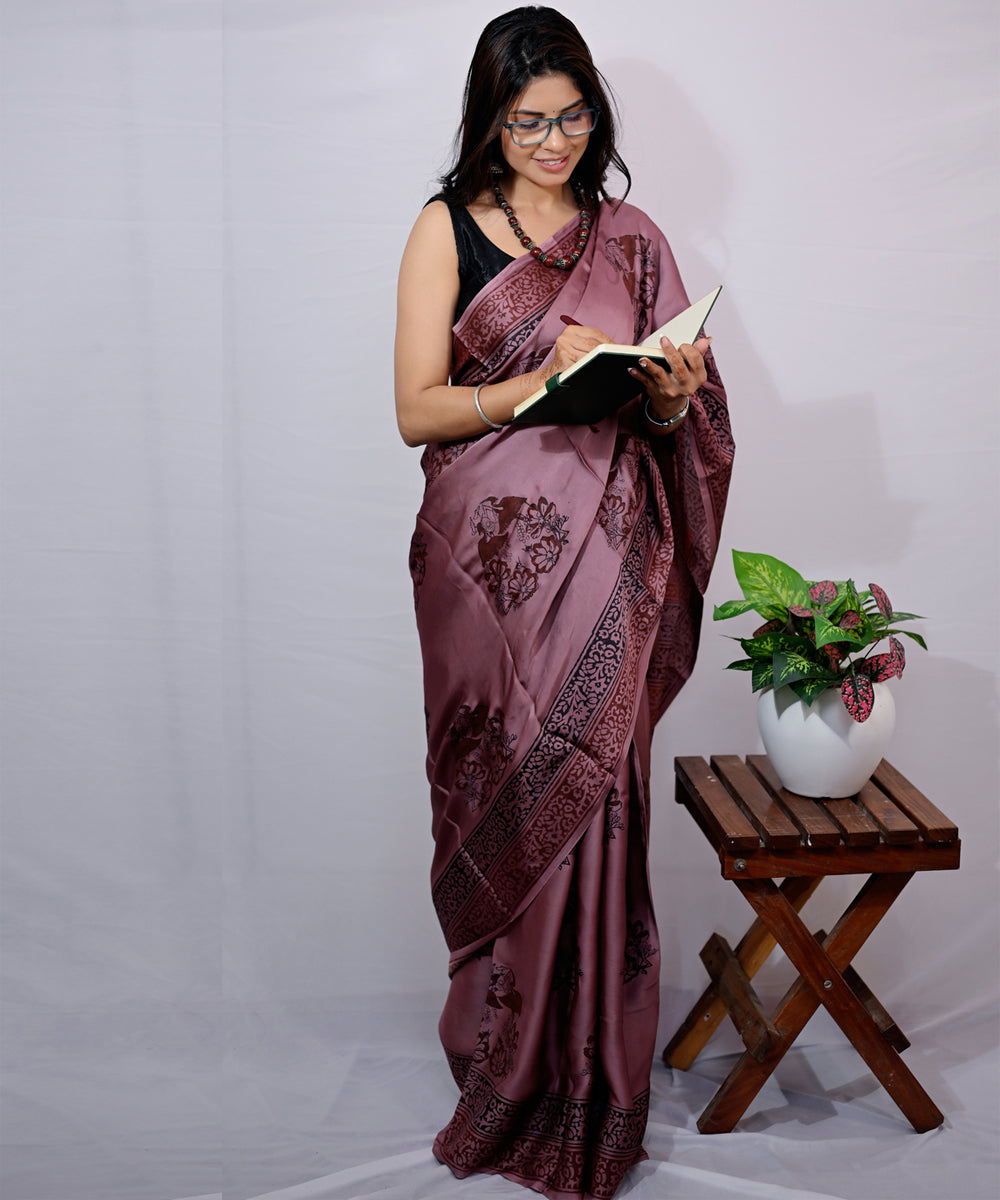 Maroon burgandi wine modal silk hand block printed saree