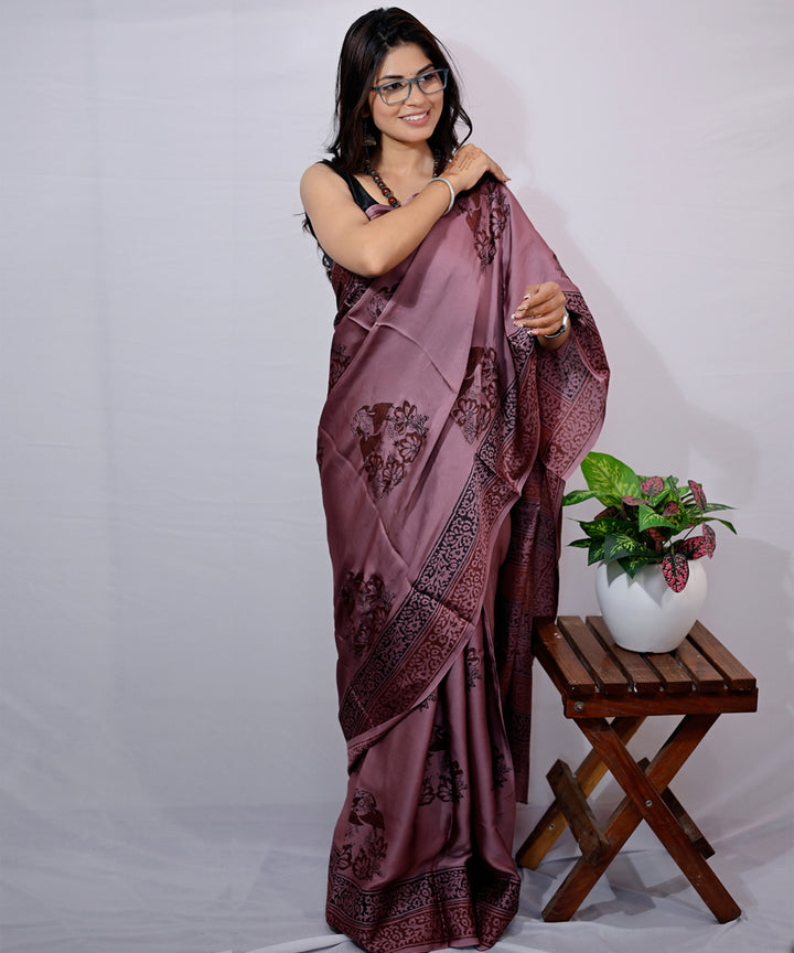 Maroon burgandi wine modal silk hand block printed saree