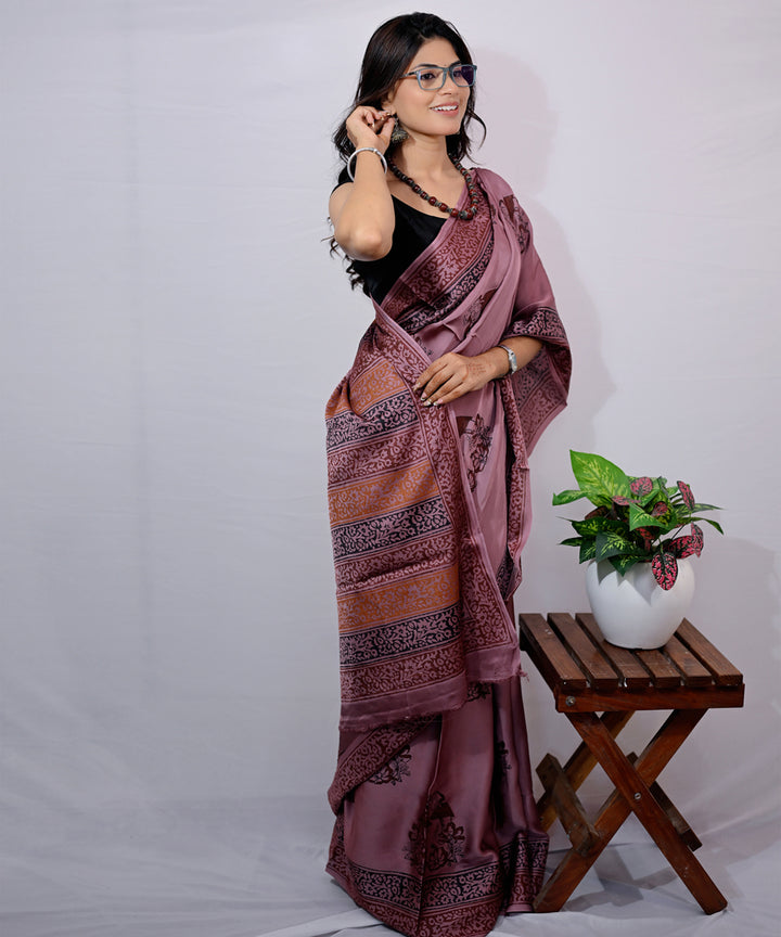 Maroon burgandi wine modal silk hand block printed saree